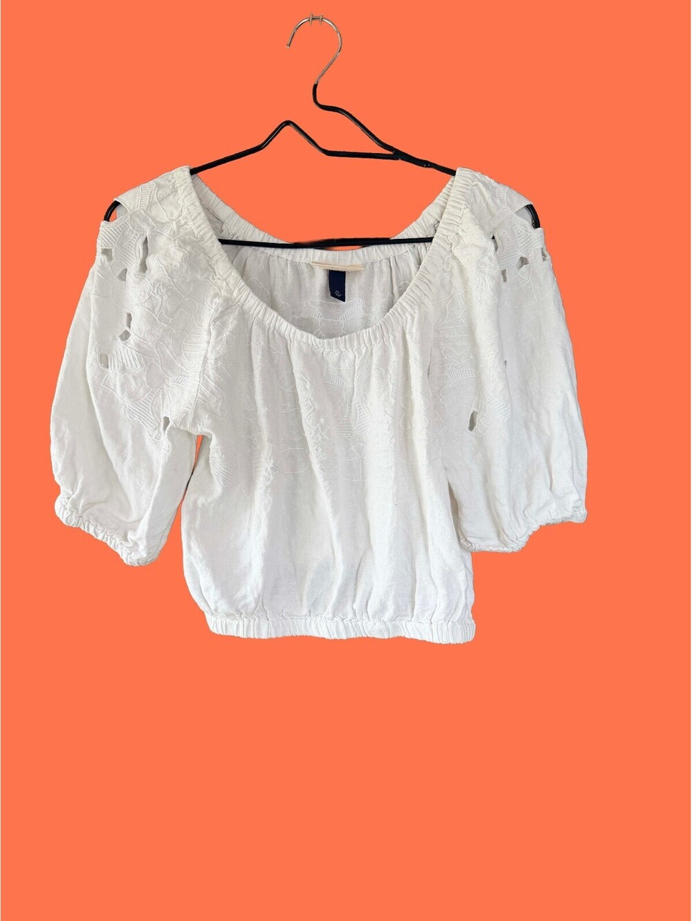 Universal Thread White Linen Embroidered Cutwork Off Shoulder Crop Top XS